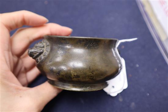 A 19th century Chinese bronze censer, Xuande mark height 5.5cm